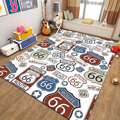 Route 66 Motorcycle Pattern Print Flannel Area Rug Americana Theme Soft Comfortable Floor Mat For Living Room Bedroom