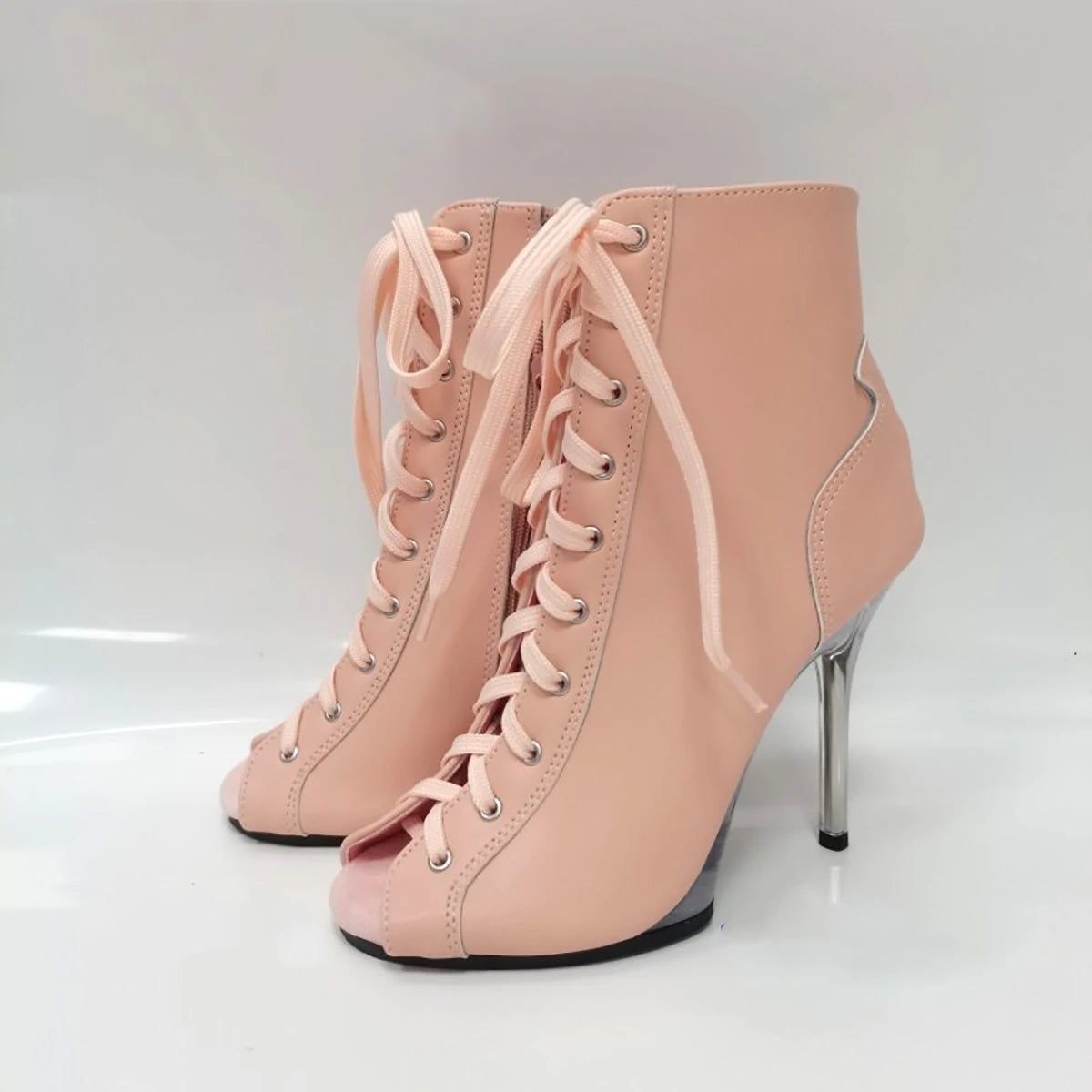 Pink 12cm high-heeled shoes,Twisted buttocks dance modeling performances 5 inch transparent soles sexy Fetish short Ankle Boots