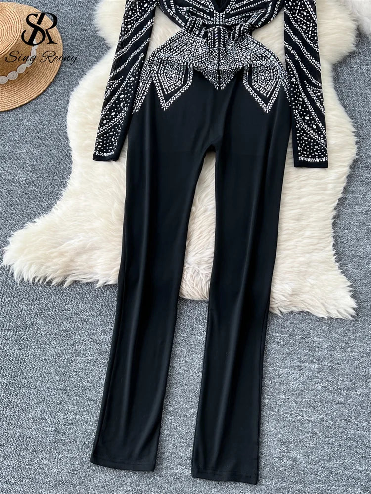 SINGREINY Sexy Senior Bodycon Jumpsuits Women Deep V-Neck Long Sleeves Zipper Diamonds Design Fashion Hotsweet Party Playsuits
