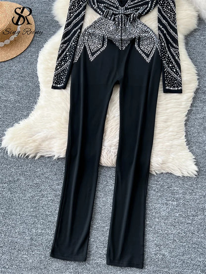 SINGREINY Sexy Senior Bodycon Jumpsuits Women Deep V-Neck Long Sleeves Zipper Diamonds Design Fashion Hotsweet Party Playsuits
