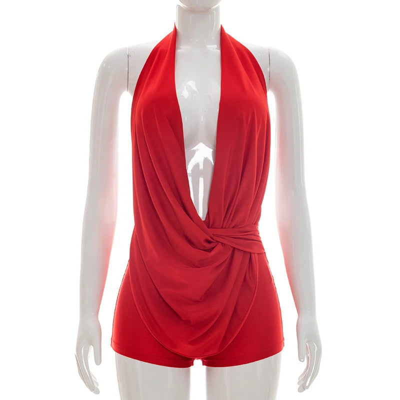 Sexy Deep V-neck Halter Backless Bodycon Rompers Woman Playsuit Sleeveless Ruched Jumpsuit Short Overalls Night Party Outfits