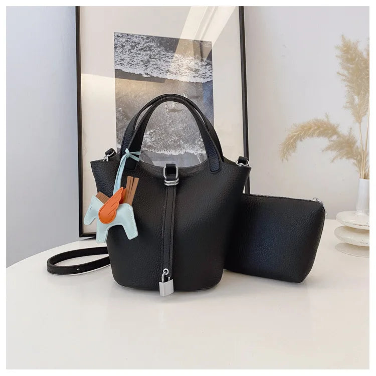 Fashion Vegetable Basket Bucket Bag Women's Autumn New Lychee Pattern Shoulder Bag Simple Solid Color Niche Messenger Bag