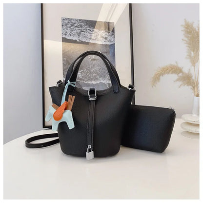 Fashion Vegetable Basket Bucket Bag Women's Autumn New Lychee Pattern Shoulder Bag Simple Solid Color Niche Messenger Bag