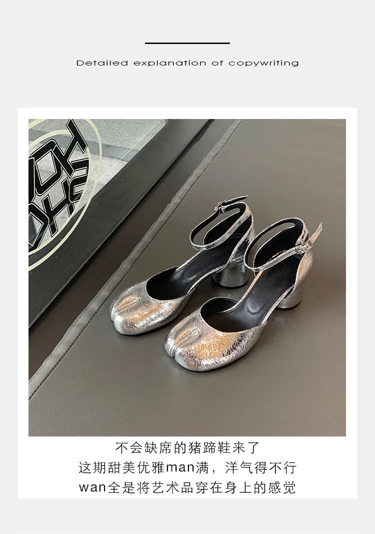 Modern Heels Pumps Women Round High Heel Leather Square Split Toe Pumps Shoes Spring Summer Sandals Mary Janes Shoes Heels Women