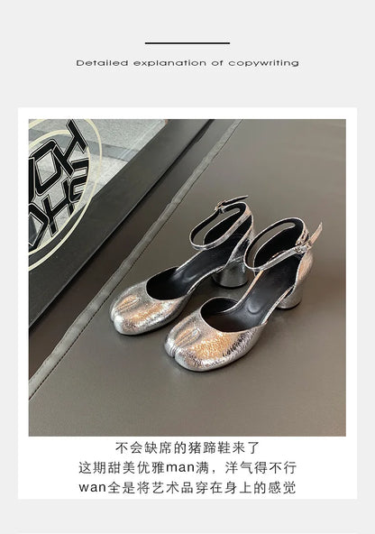 Modern Heels Pumps Women Round High Heel Leather Square Split Toe Pumps Shoes Spring Summer Sandals Mary Janes Shoes Heels Women
