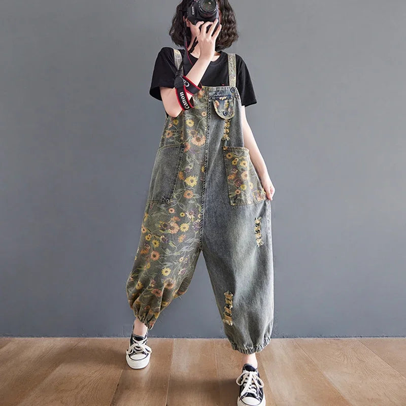 Casual Print Floral Plus Size Denim Jumpsuits Women Loose Wide Leg Straps Baggy Pants Woman Dungarees Streetwear Jeans Overalls