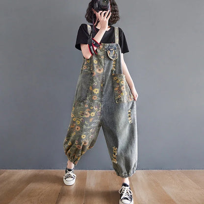 Casual Print Floral Plus Size Denim Jumpsuits Women Loose Wide Leg Straps Baggy Pants Woman Dungarees Streetwear Jeans Overalls