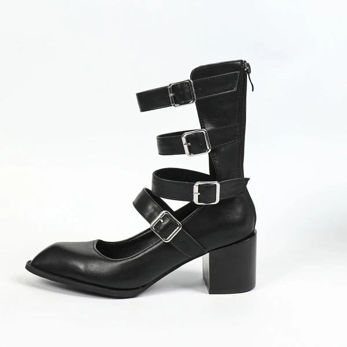 Women Summer Boots Retro Design Belt Buckle Roman Cool Boots High Thick Heel Hollow Golden Silvery Black Sandals for Woman
