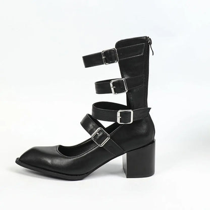 Women Summer Boots Retro Design Belt Buckle Roman Cool Boots High Thick Heel Hollow Golden Silvery Black Sandals for Woman