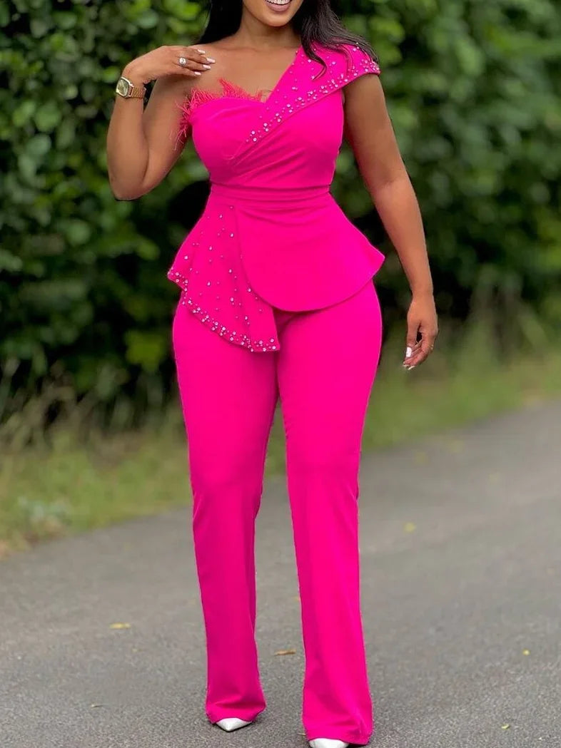 Women Jumpsuit One Shoulder Feather Diamond Peplum Party Fashion Female One Piece African Event Occasion Rompers New Summer 2024