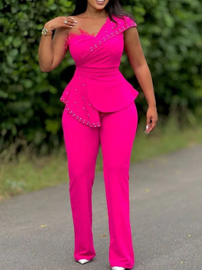 Women Jumpsuit One Shoulder Feather Diamond Peplum Party Fashion Female One Piece African Event Occasion Rompers New Summer 2024