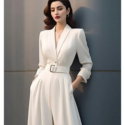 Spring Autumn Solid Color Fashion Jumpsuits Women V-neck Long Sleeve High Street High Waist Pockets Patchwork Wide Leg Trousers