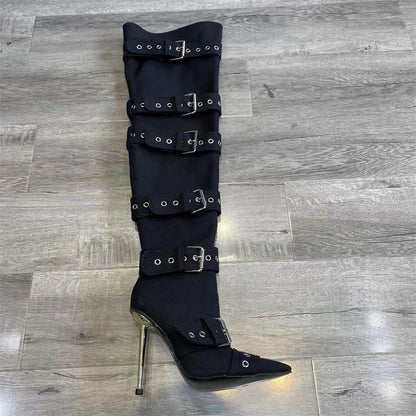 New Women Denim Metal Rivet Buckle Sandals Women Sexy Punk Style Pointed Hollow Metal 11cm High Heel Knee High Boots Size34-43