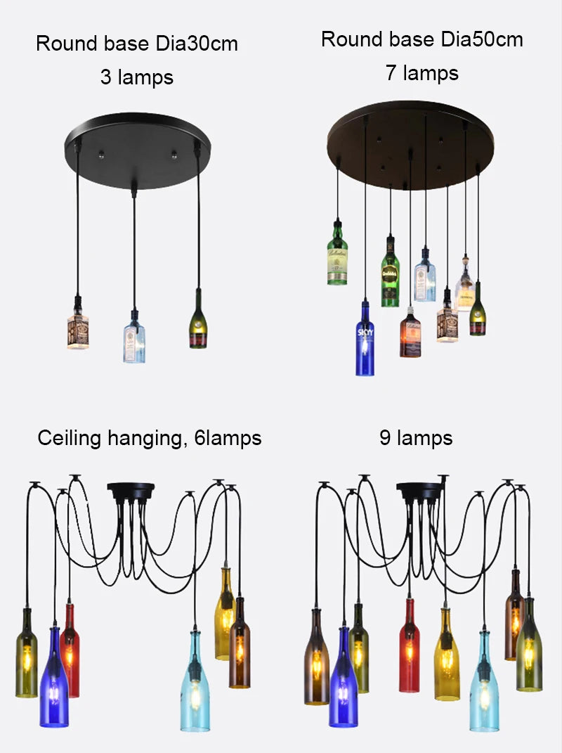 Retro Industrial Loft Wine Bottle Pendant Lights Restaurant Cafe Bar Glass Hanging Lamp Clothing Store Lustre Indoor Lighting