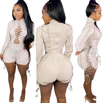 Jump Suits Women One Piece Full Sleeve Drawstring Overalls Short Pants Tight Waist Rompers Hollow Out Y2k Streetwear Sexy 2026