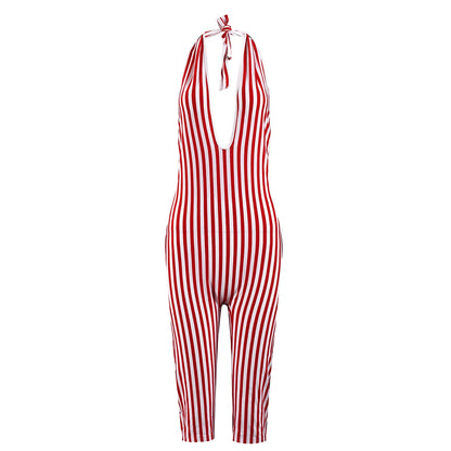 Weird Puss Stripe Print Playsuit Women Sleeveless Backless Halter Bandage Skinny Sexy Clubwear Activity Fitness Workout Romper