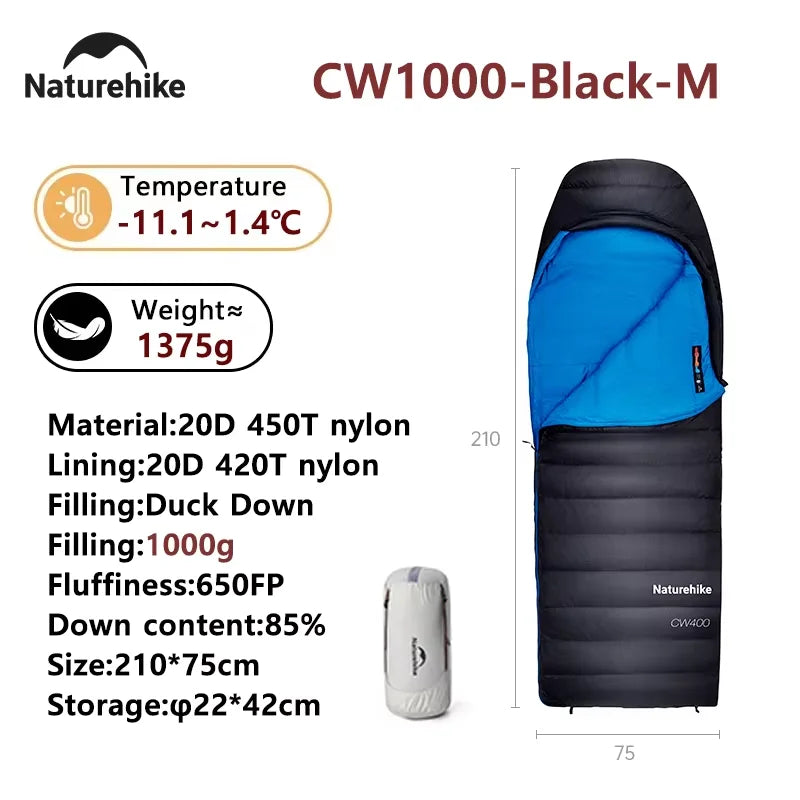Naturehike Camping Sleeping Bag CW400 CW700 CW1000 Duck Down Sleeping Bags Ultralight Outdoor Hiking Waterproof Sleeping Bags
