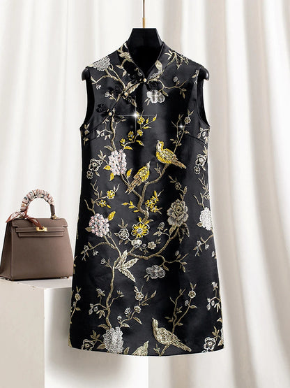Elegant Black Stand Collar Frog Button Qipao Bird Beaded Jacquard Sleeveless Tank Dress for Women Autumn Party Vintage Chic Gown