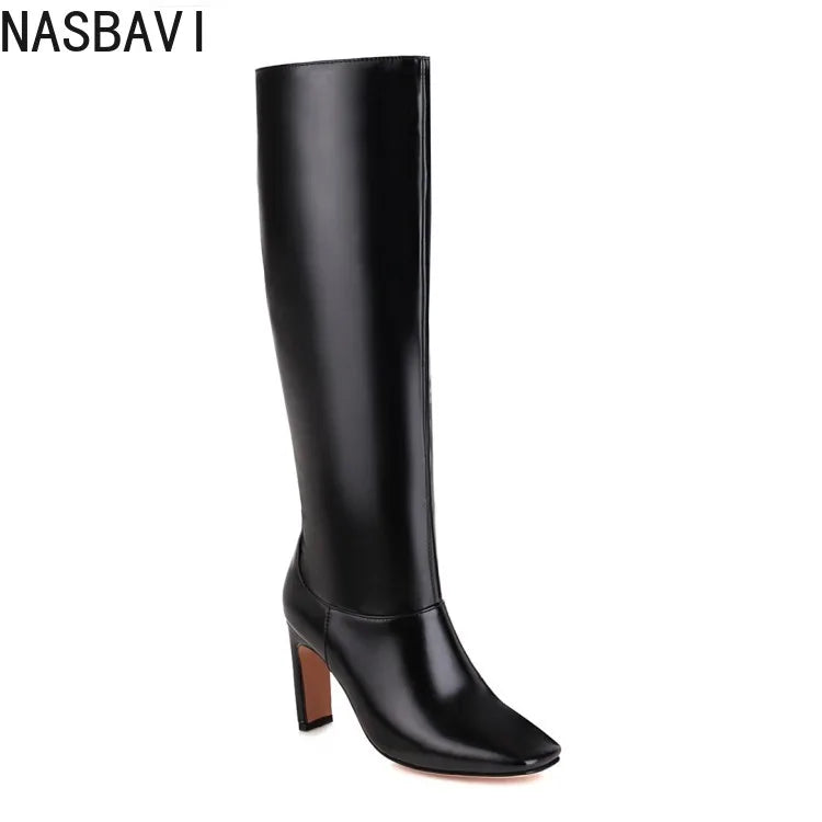 NASBAVI Women's Boots Autumn Winter Fashion New Style Sexy Knee-High Square Heel Square Toe Black Platform High 9cm Plus Size 48