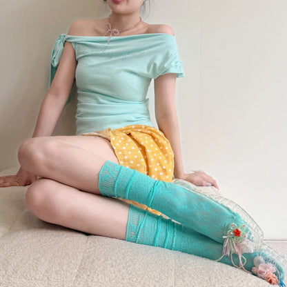 Summer Y2K Dopamine Colorful Lace Fishnet Socks Lacy Sexy Sweet Hot Girl Calf Socks Skirts Shorts Daily Over The Knee Stockings