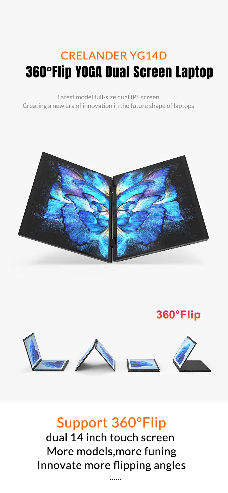 CRELANDER Mini Laptops 14 Inch 2240*1440 Double Touch Screen Intel Processor Foldable Tablet PC Windows11 Dual Screen Laptop