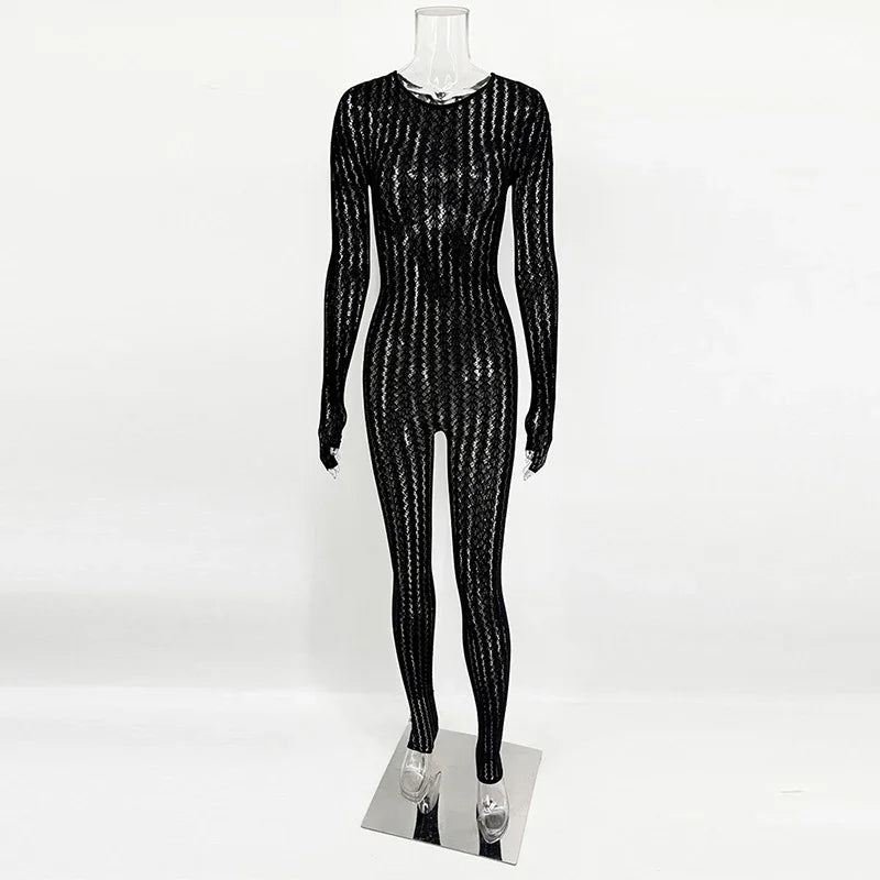 Women's Burgundy Sheer Lace Jumpsuit Long Sleeve Bodycon One Piece Romper Openwork Pattern for Party Club Evening Wear