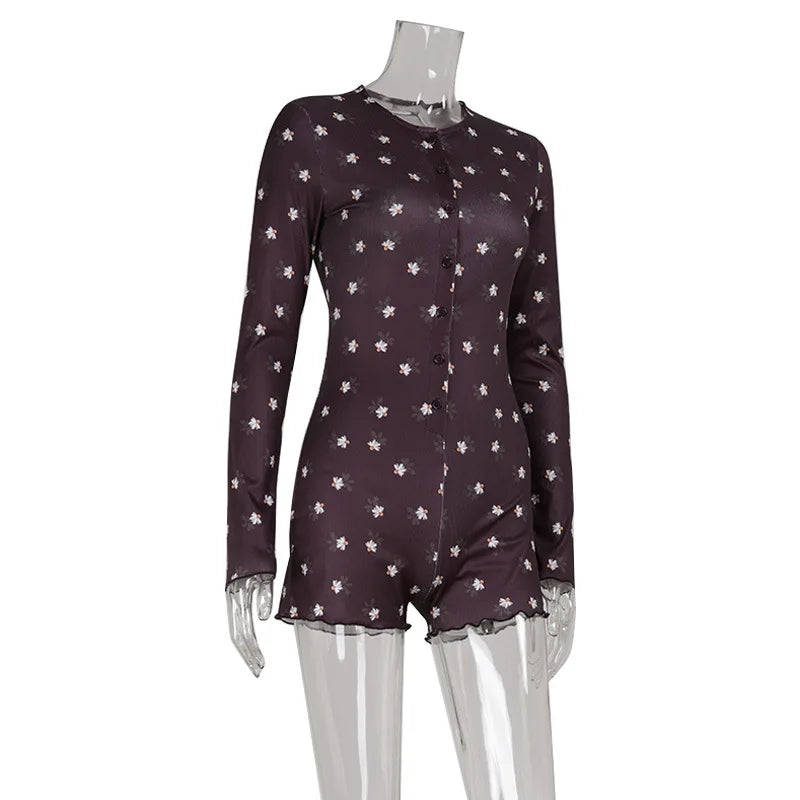 Women's Clothing Long Sleeve Floral Printed Jumpsuit Sexy Slim Home Wear Pajamas Fashion Round Simple Style Comfortable Trendy