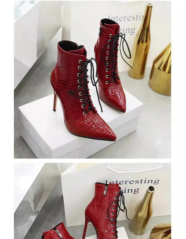 12CM Stiletto Heels Botas Mujer Fashion Pointed Lace-up Ankle Boots Roman Ladies Shoes Autumn Winter Women Emboss Short Booties