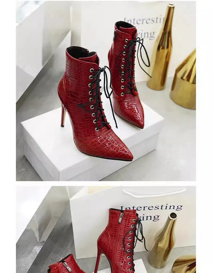 12CM Stiletto Heels Botas Mujer Fashion Pointed Lace-up Ankle Boots Roman Ladies Shoes Autumn Winter Women Emboss Short Booties