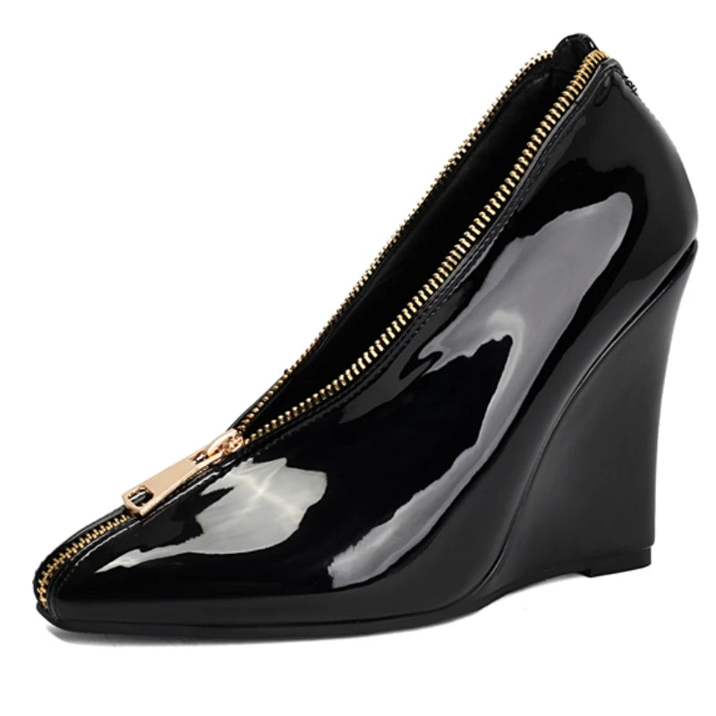 Sexy Women's Wedge High Heels Pumps Shoes Sexy Zipper Black Red White Wedges Heeled Large Size Office Party Wedding Shoes Ladies