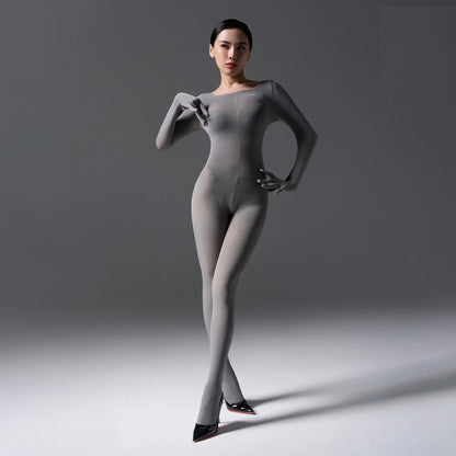 Sexy Women's Warm Full Body Bodysuit High Elastic Shaping Exotic Tights Sheer Cosplay Maid Leotard Long Sleeves Glove Jumpsuits