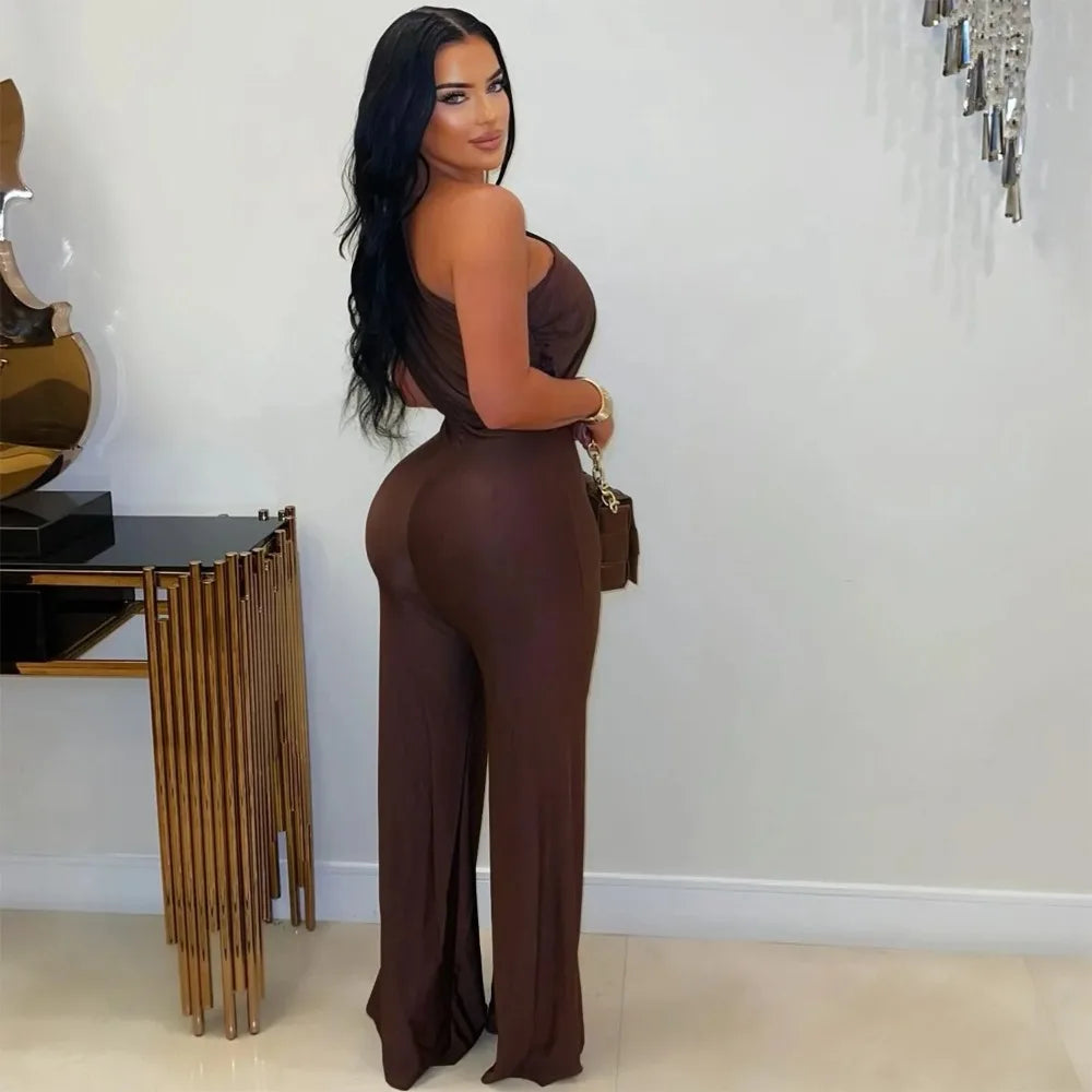HLJ Winter New Sexy Bodycon Jumpsuits Woman Solid Color Off Showlder Metal Buckle Patchwork Rompers Female Streetwear Overalls