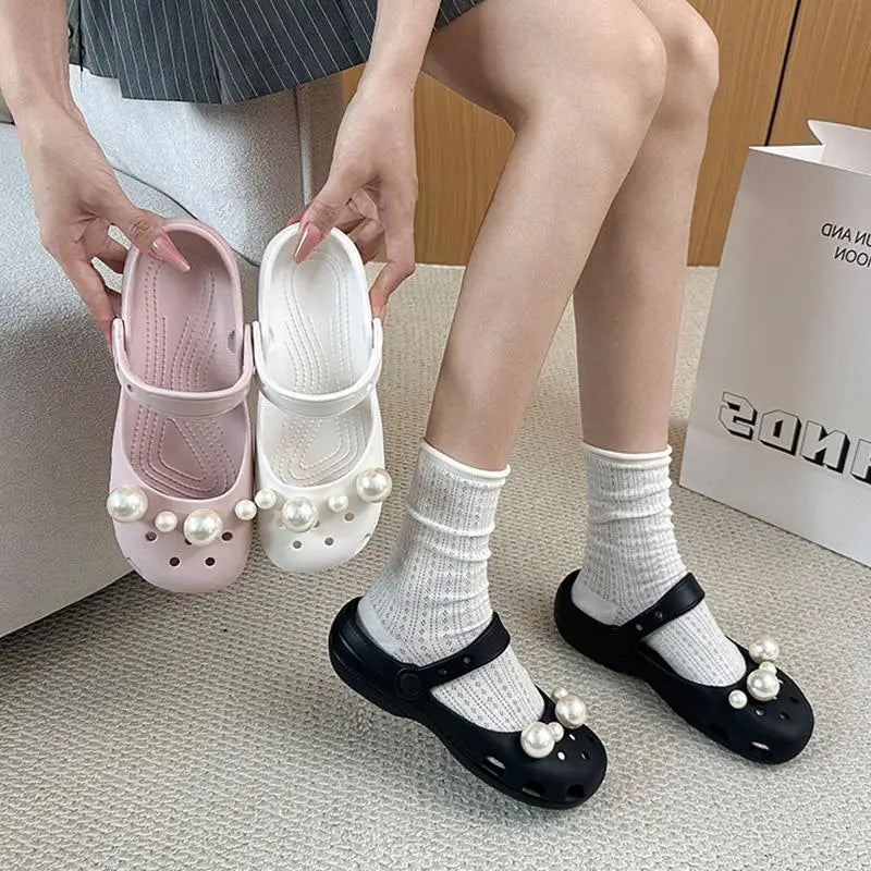 Luxury Pearl Shoes Charms Set DIY Ballet Clogs Women Summer 2026 Fashion Leopard Print EVA Beach Slippers Woman's Jelly Shoes