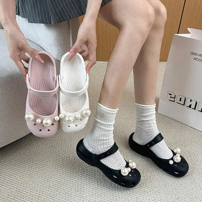 Luxury Pearl Shoes Charms Set DIY Ballet Clogs Women Summer 2026 Fashion Leopard Print EVA Beach Slippers Woman's Jelly Shoes