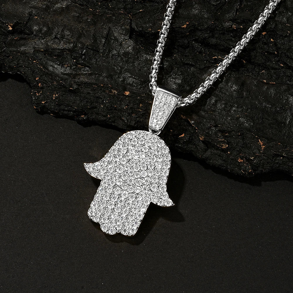 Rrjzz Full Moissanite Hip Hop Iced Out Thick 3mm Round Box Chain Palm Pendant Mens Necklace Street Style Party Fine Jewelry Gift