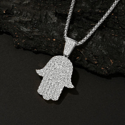 Rrjzz Full Moissanite Hip Hop Iced Out Thick 3mm Round Box Chain Palm Pendant Mens Necklace Street Style Party Fine Jewelry Gift
