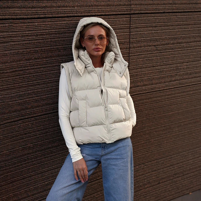 Detachable Sleeve Hooded Quilted Jackets 2026 Winter Ladies Solid 2-in-1 Zippers Waistcoat Cotton Coats Women's Warm Outwear