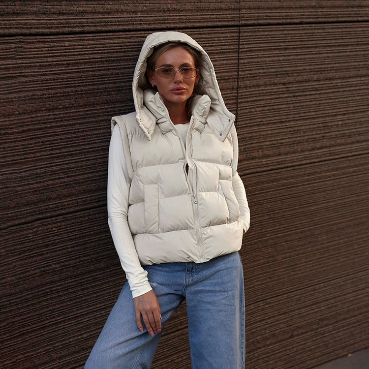 Detachable Sleeve Hooded Quilted Jackets 2026 Winter Ladies Solid 2-in-1 Zippers Waistcoat Cotton Coats Women's Warm Outwear