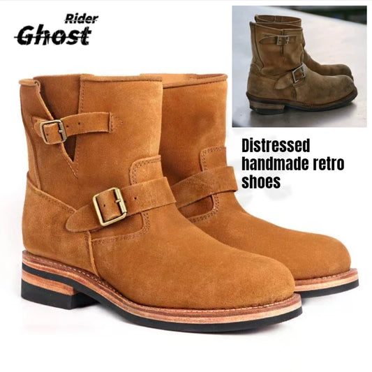 distressed Handmade Khaki Suede Work Boots Men's And Women's Engineer ort Boots American Retro Motorcycle Faded Mid-Calf shoes