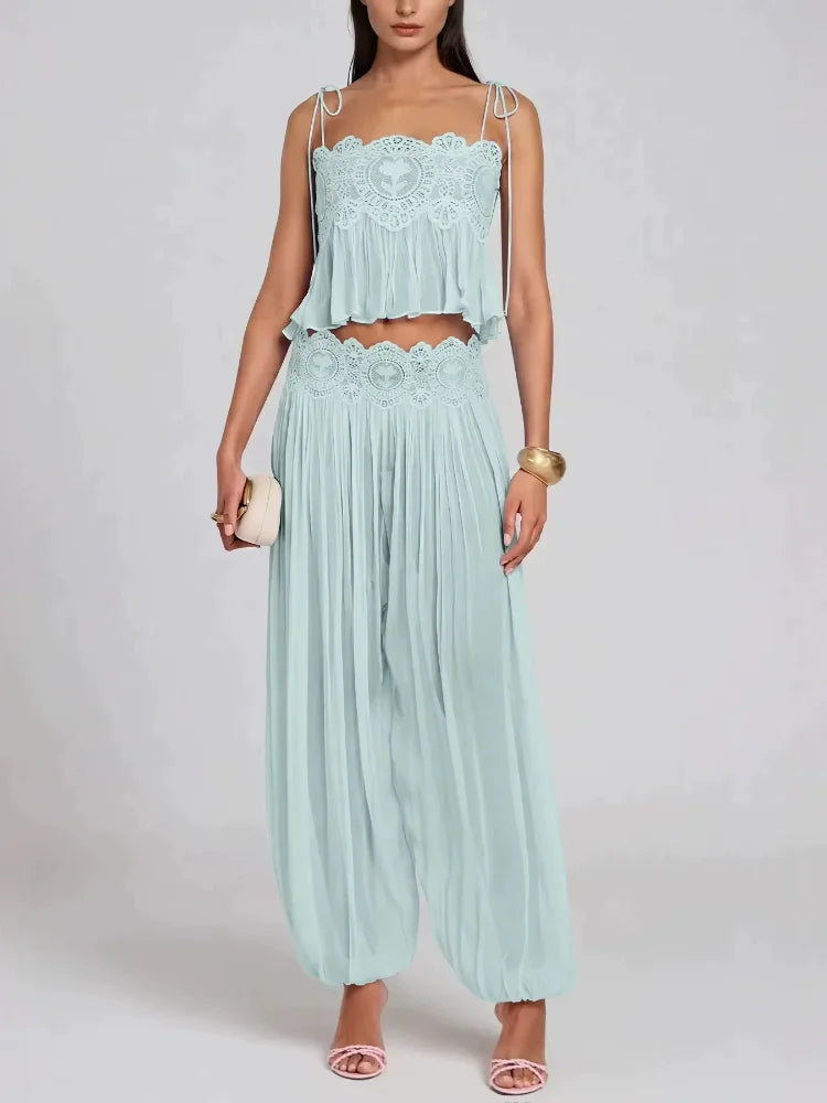 Beach Lace Hollow Out Women's Summer Pants Sets Lace Up Backless Spaghetti Strap Crop Top Loose Pleated Lantern Pant 2026 Suit