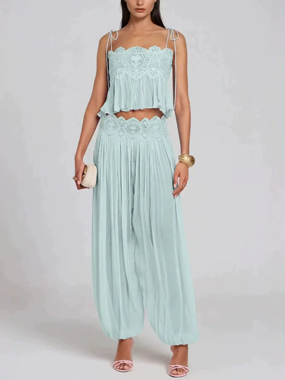 Beach Lace Hollow Out Women's Summer Pants Sets Lace Up Backless Spaghetti Strap Crop Top Loose Pleated Lantern Pant 2026 Suit