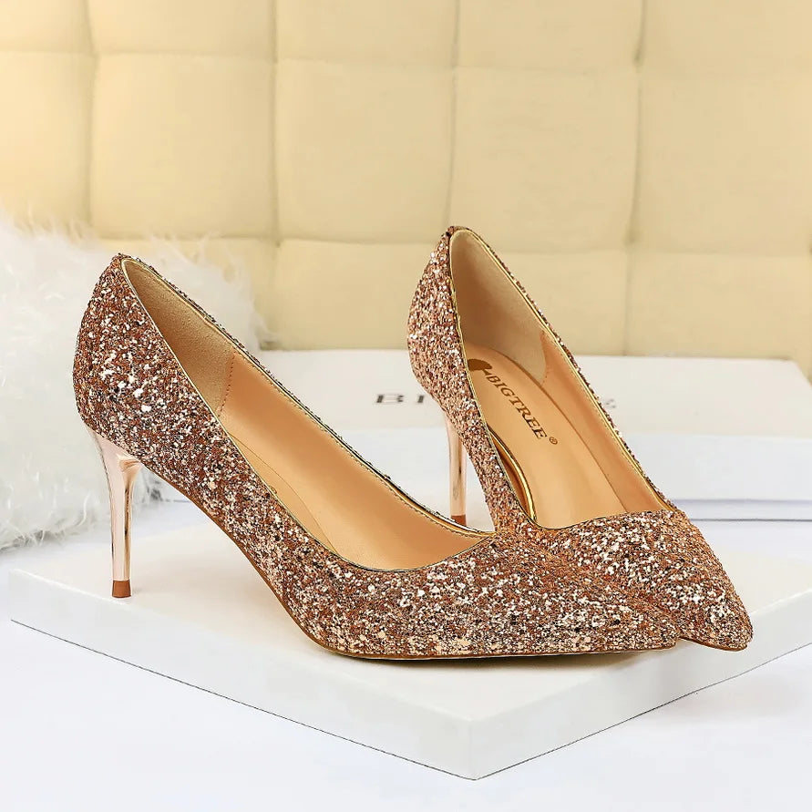 Women 7cm 9.5cm High Heels Pumps Wedding Bridal Scarpins Sparkly Mid Heels Lady Party Sequins Glitter Evening Gold Silver Shoes