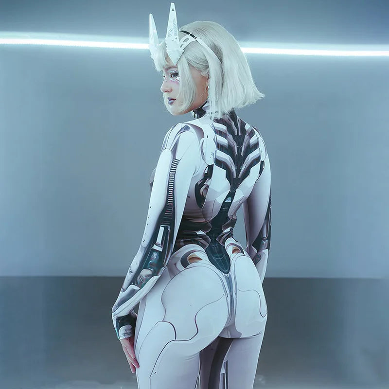 3D Printed Cosplay Bodycon Jumpsuits Y2k Techwear Long Sleeve Gothic Punk Playsuits Anime Women Mock Neck Zip Bodysuit