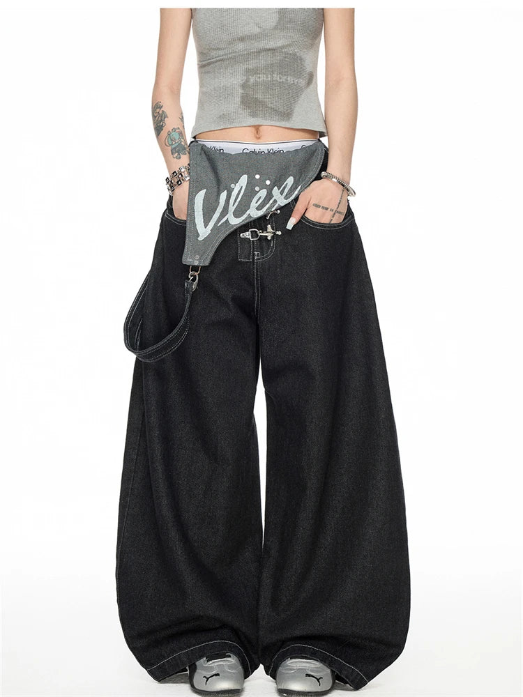Women's Detachable Black Overalls Street Jumpsuits High Waist Casual Baggy Pants Wide Leg Sweatpants Straight Unisex Trousers