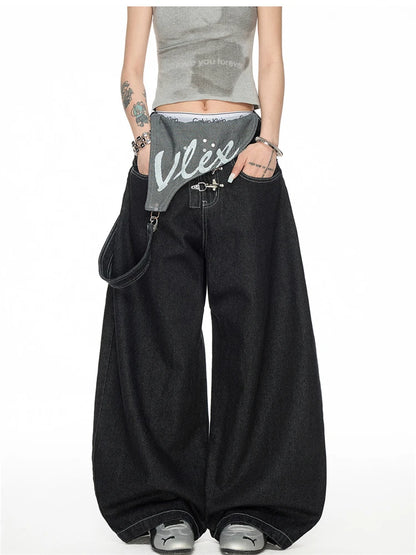 Women's Detachable Black Overalls Street Jumpsuits High Waist Casual Baggy Pants Wide Leg Sweatpants Straight Unisex Trousers