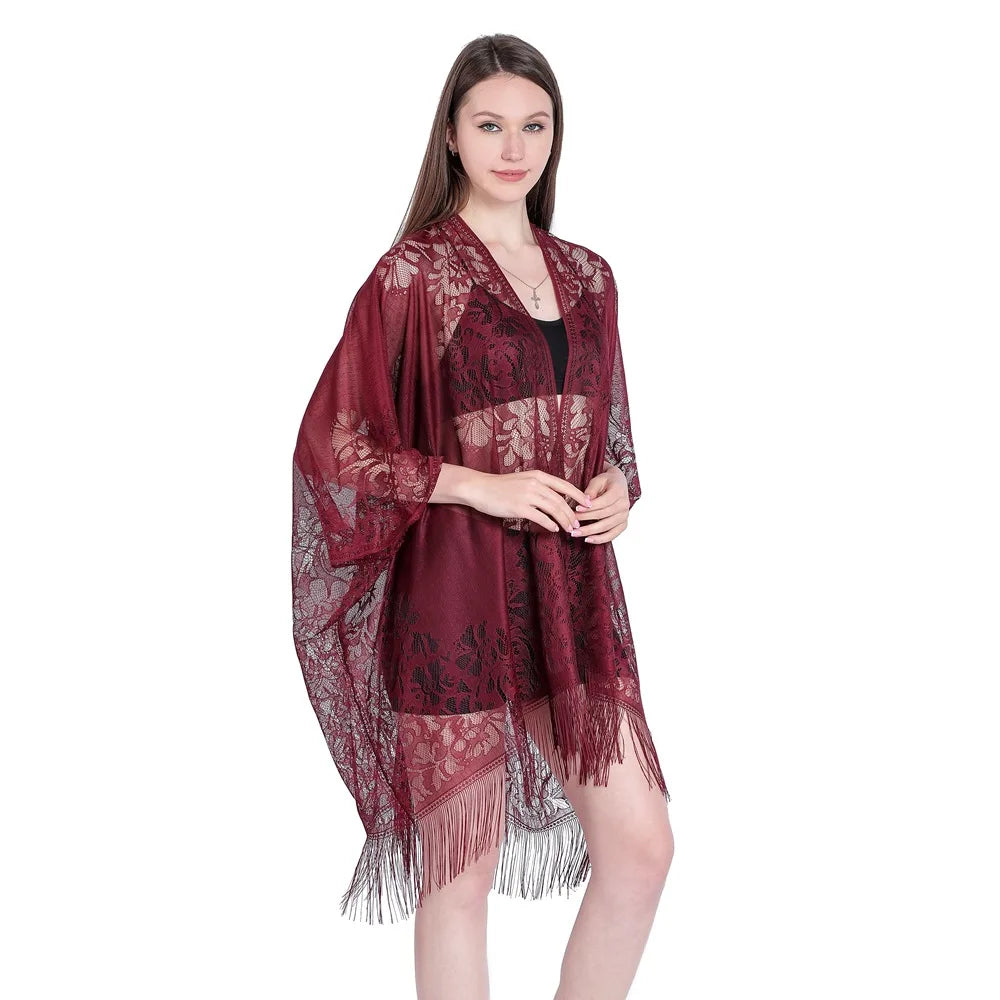 Women Sun Protection Shawl Lady Summer Hollow Out Lace Cardigan Holiday Bikini Blouse Breathable Beach Cape Sexy Long Tippet