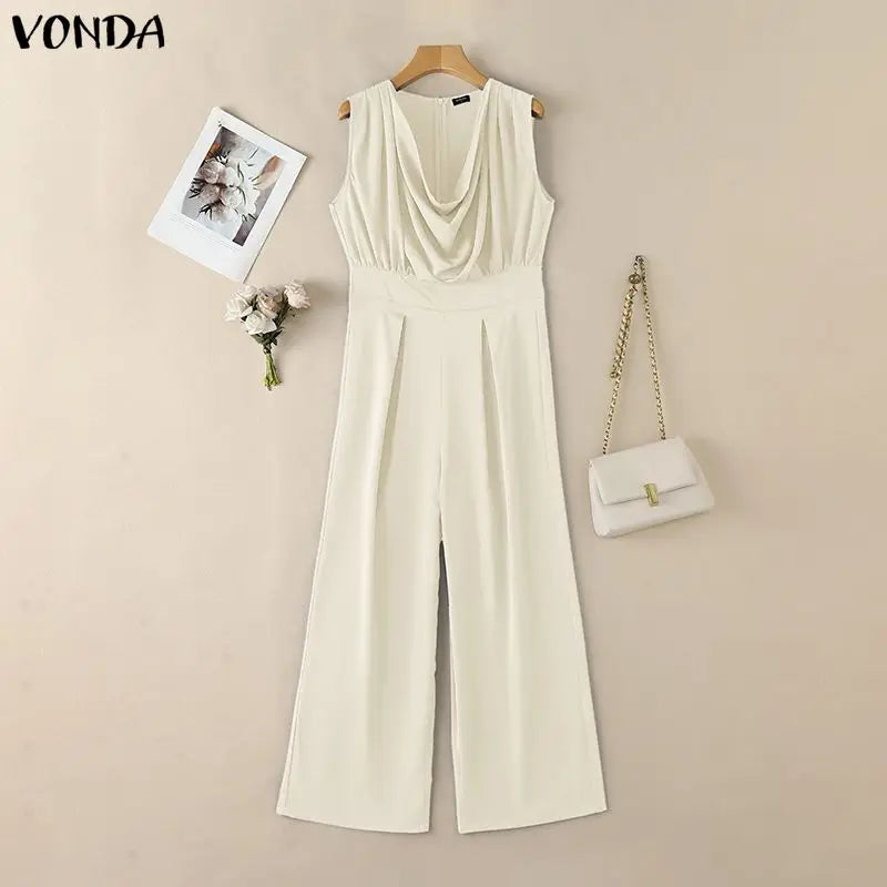 VONDA Summer Women Jumpsuits Sleeveless Fashion Wide Leg  Jumpsuits Rompers Playsuit Elegant OL Work Overalls Solid Trousers