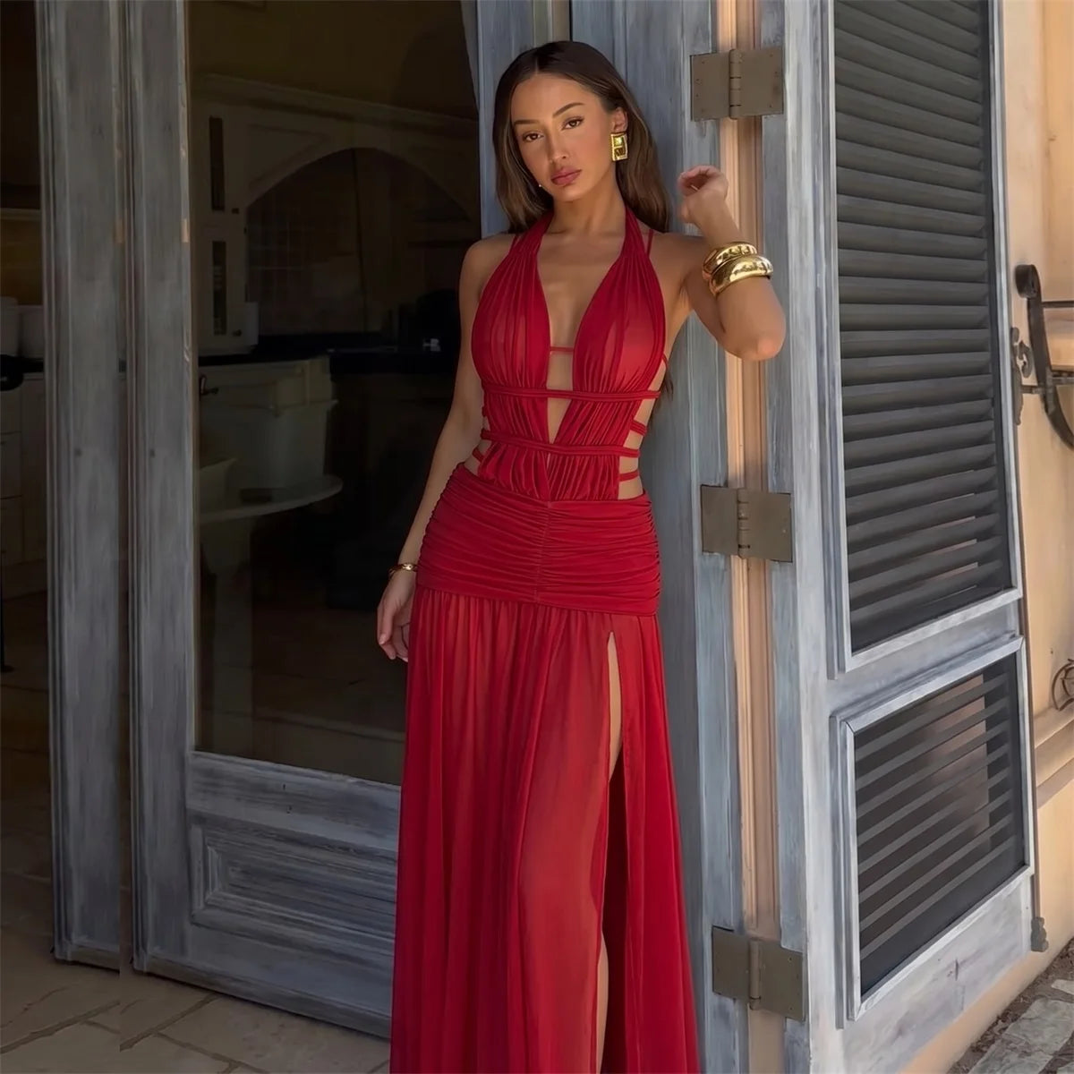 Red Maxi Dress Cover Ups Bikini 2026 Sexy Women Swimsuit Hollow Swimwear Female Bikini Set Bathing Suits Summer Suit Beachwear