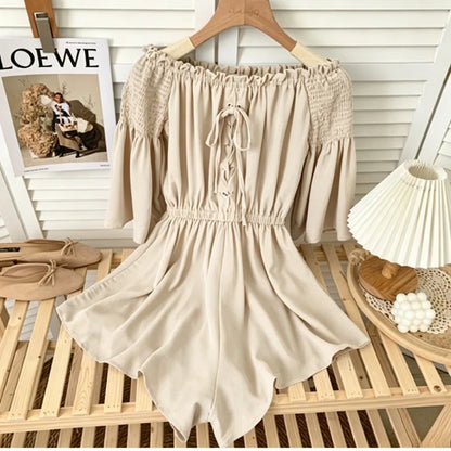 Women's Casual Summer Beach Romper Olive Green Off The Shoulder Lace Up Short Sleeve Elastic Waist Playsuit