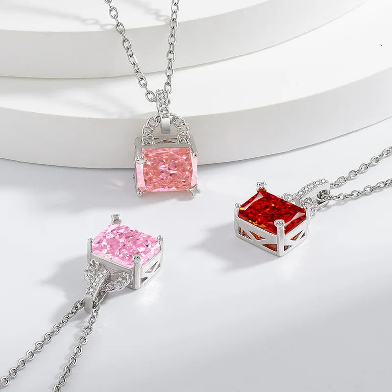 925 Sterling Silver Elegant Fashion High Carbon Diamond Ice Flower Cut Small Lock Pendant Necklace Daily Versatile